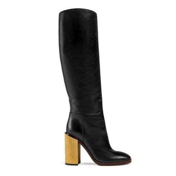 GUCCI 431982 Gold Heel Black Leather Knee Boots "Lifford" Size 38.5 IT / 8.5 US - Picture 1 of 16